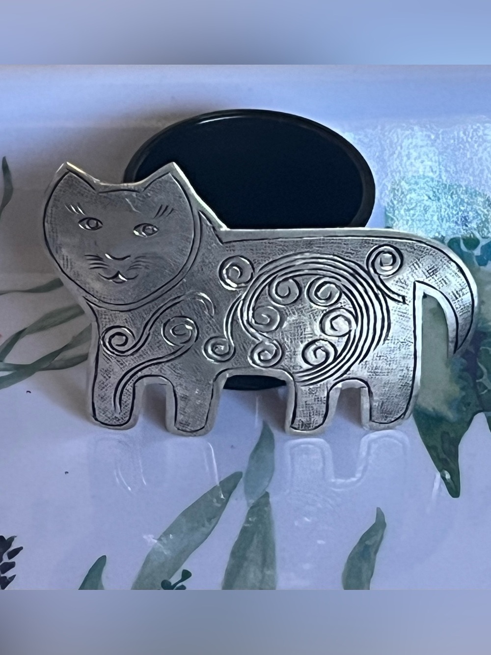 Cat Metal Silver Bronze Tone Brooch